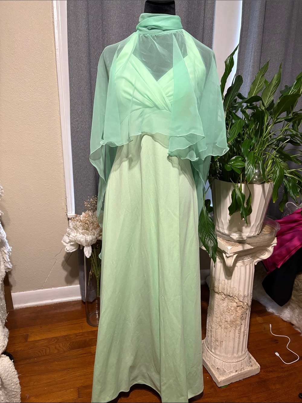 Elegant Mint Green Bridesmaid Dress with Sheer Cape, handmade size 6